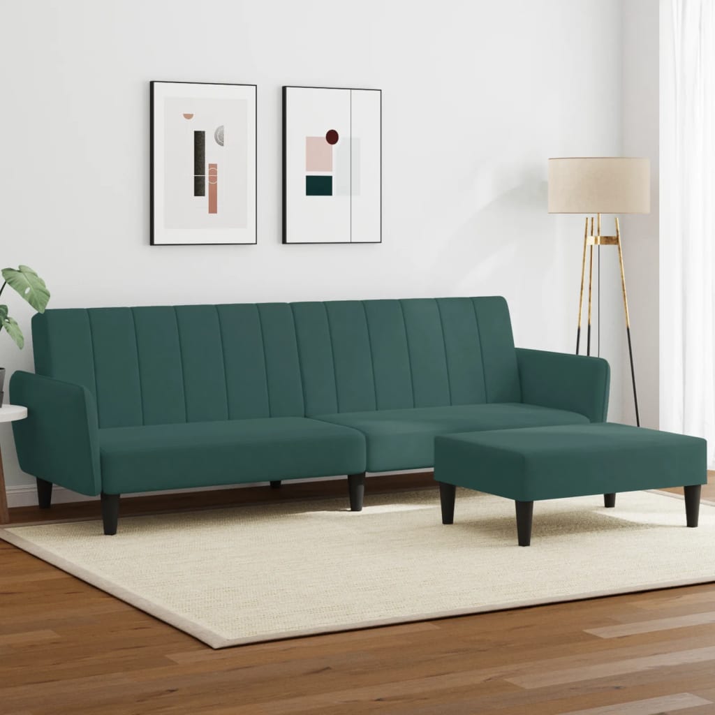 2-seater sofa bed with footstool dark green velvet