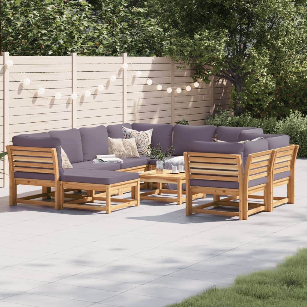 Salon de jardin 10 pièces avec coussins, bois d'acacia massif