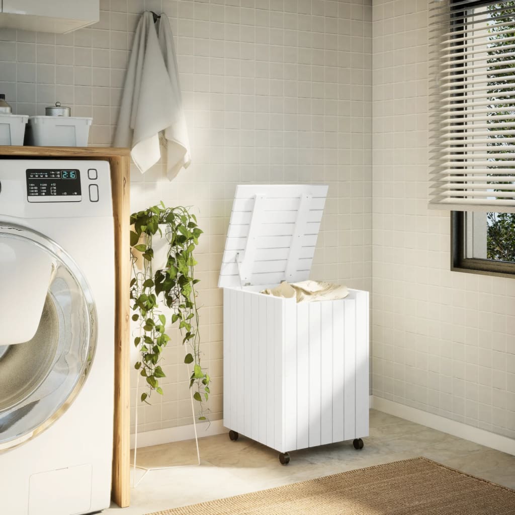 Laundry basket with wheels RANA White 45x45x64 cm solid pine wood