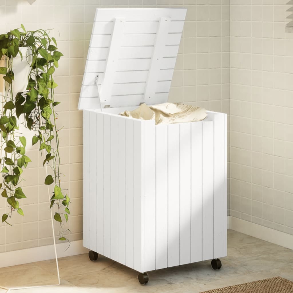 Laundry basket with wheels RANA White 45x45x64 cm solid pine wood