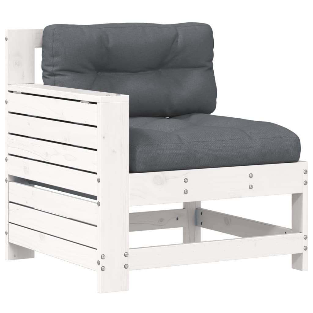 Garden sofa with armrest and cushions white solid pine