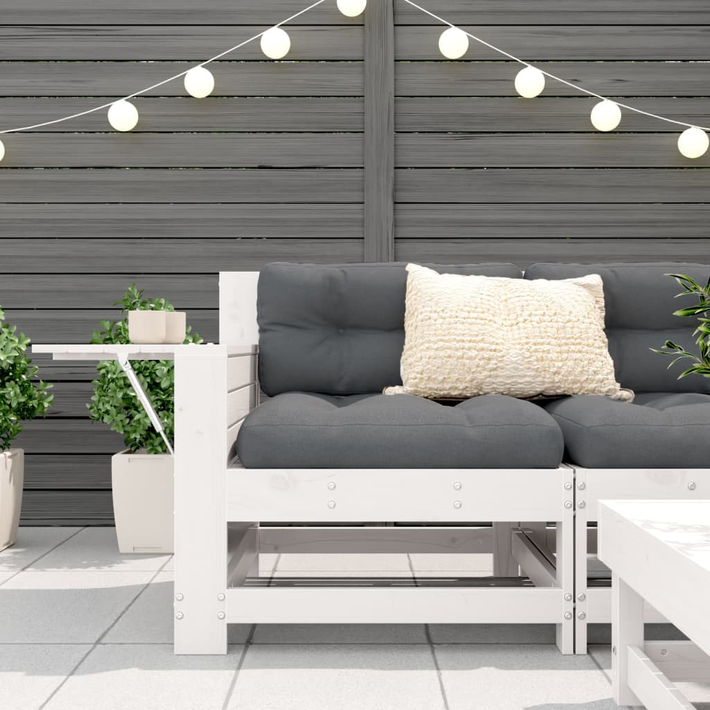 Garden sofa with armrest and cushions white solid pine