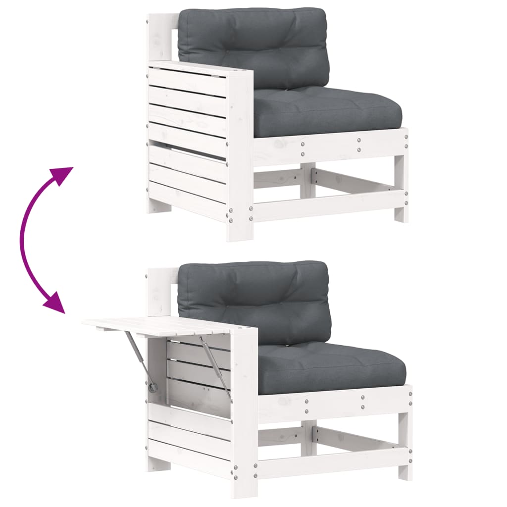 Garden sofa with armrest and cushions white solid pine