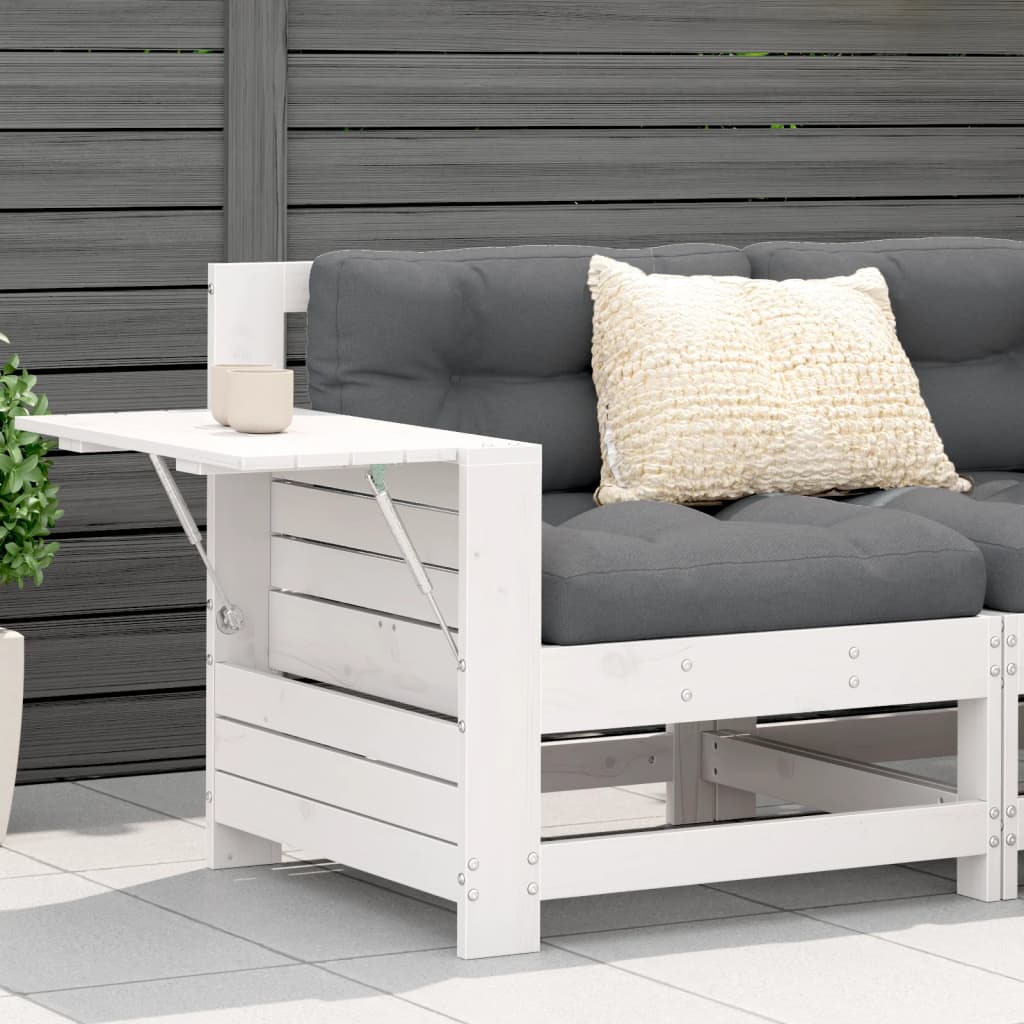Garden sofa with armrest and cushions white solid pine