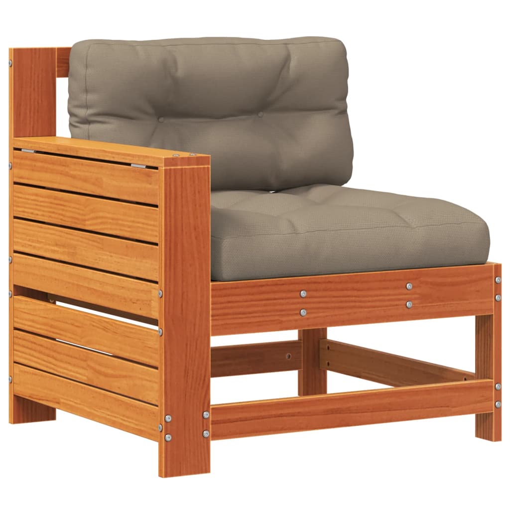 Garden sofa with armrest and cushions wax brown solid pine