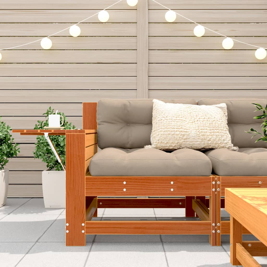 Garden sofa with armrest and cushions wax brown solid pine