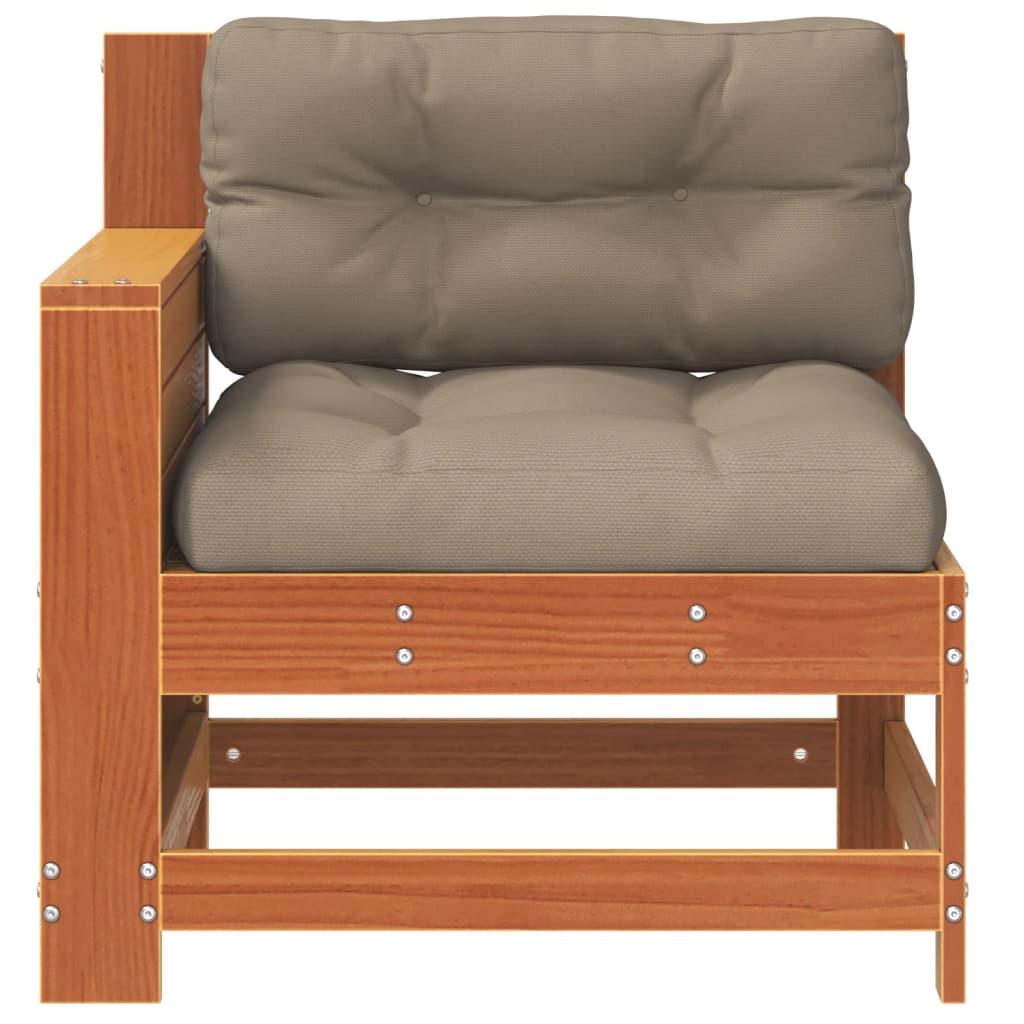 Garden sofa with armrest and cushions wax brown solid pine