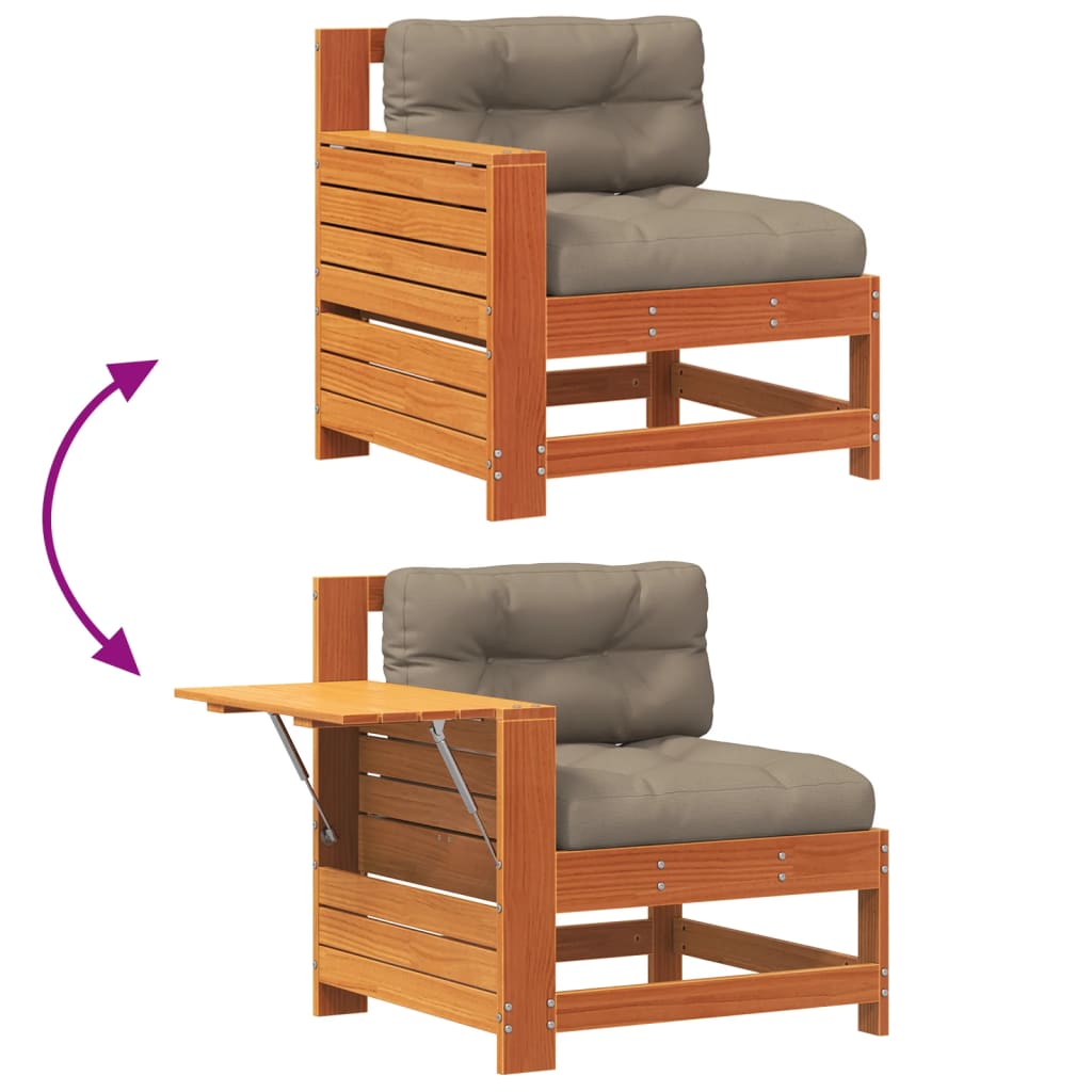 Garden sofa with armrest and cushions wax brown solid pine