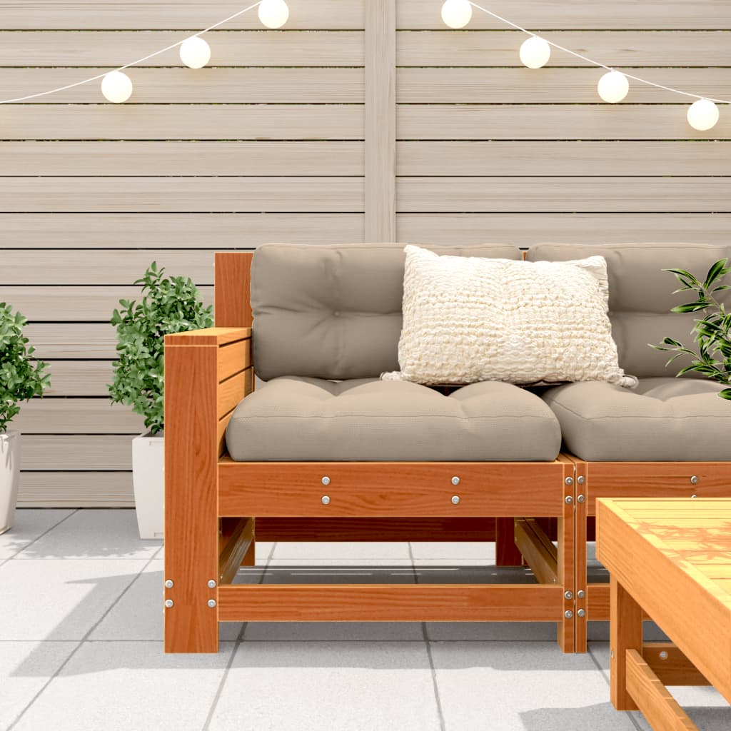 Garden sofa with armrest and cushions wax brown solid pine