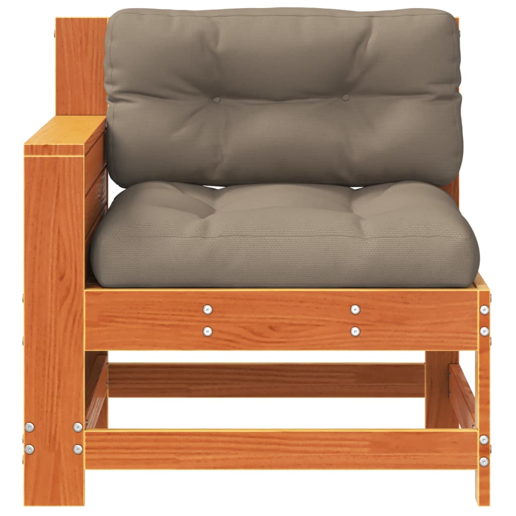 Garden sofa with armrest and cushions wax brown solid pine