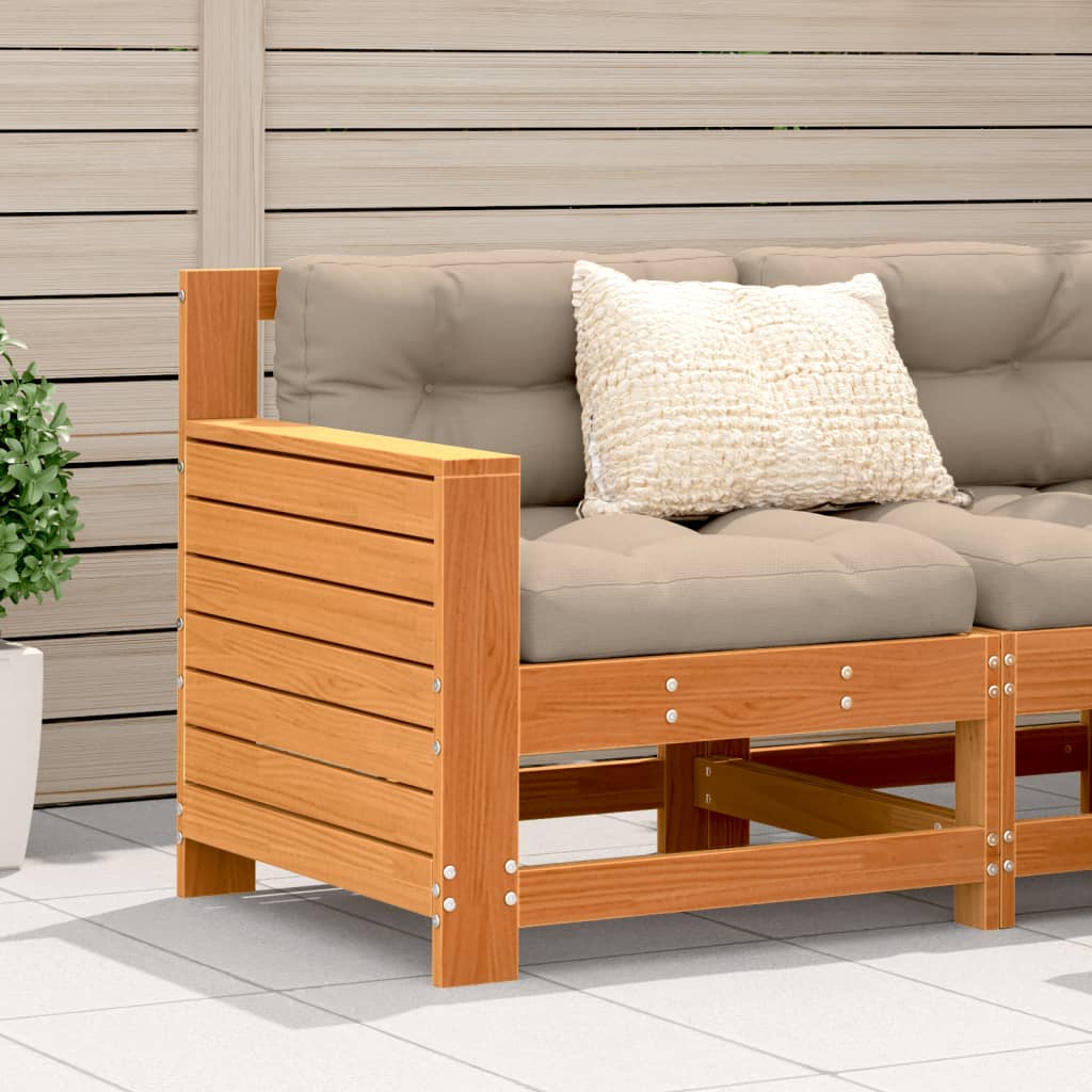 Garden sofa with armrest and cushions wax brown solid pine