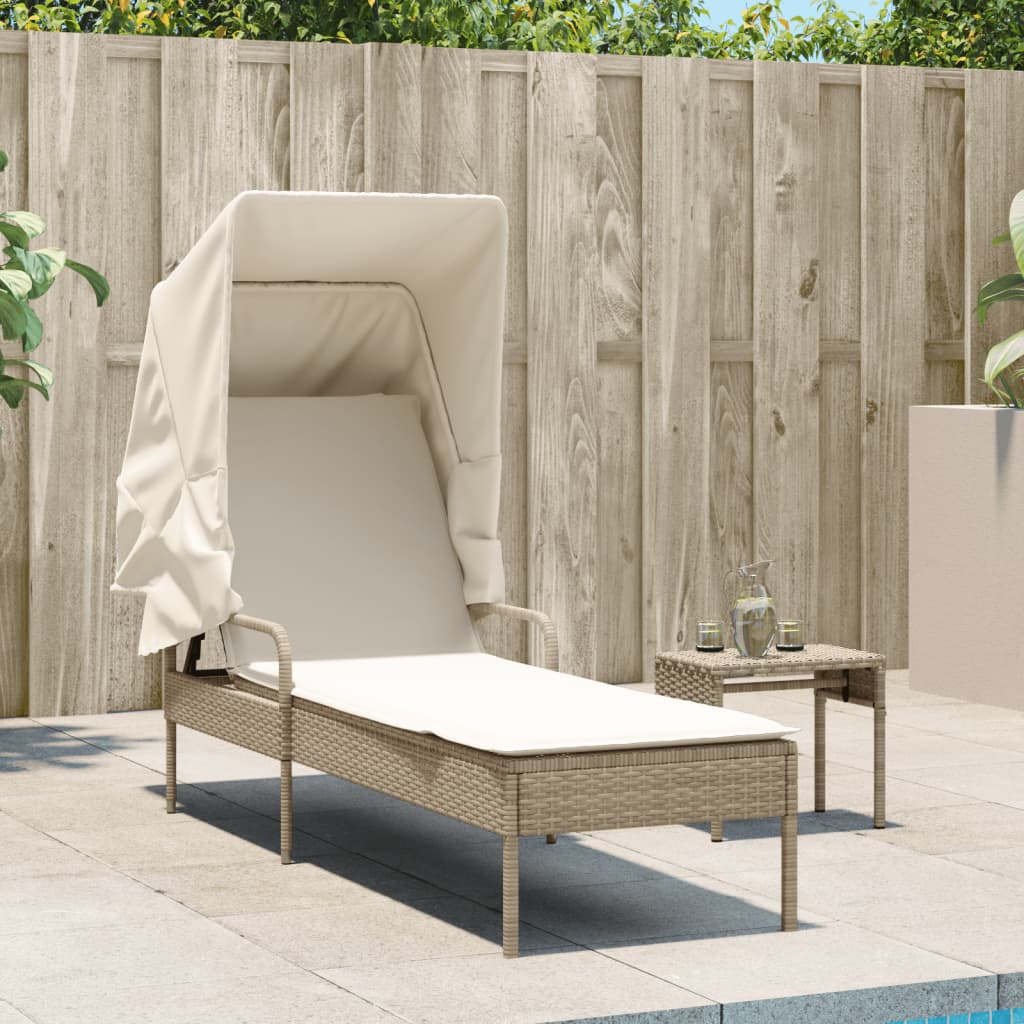 Bain de soleil avec toit et table en polyrotin beige