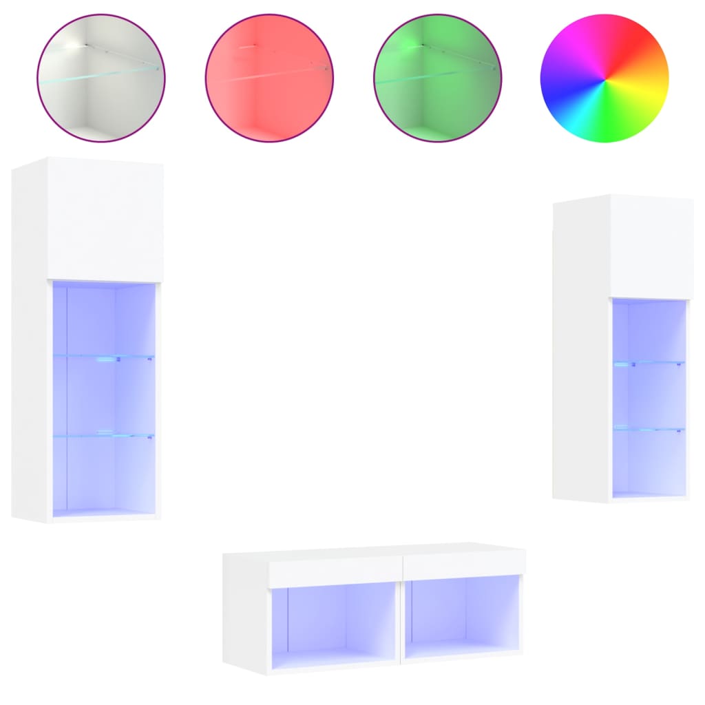 Meuble TV mural 4 pièces avec éclairage LED, blanc
