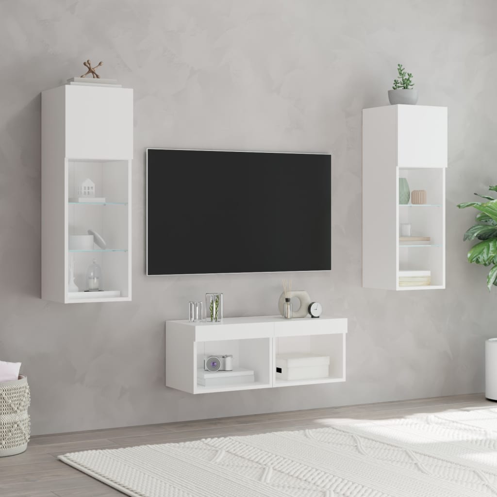 Meuble TV mural 4 pièces avec éclairage LED, blanc