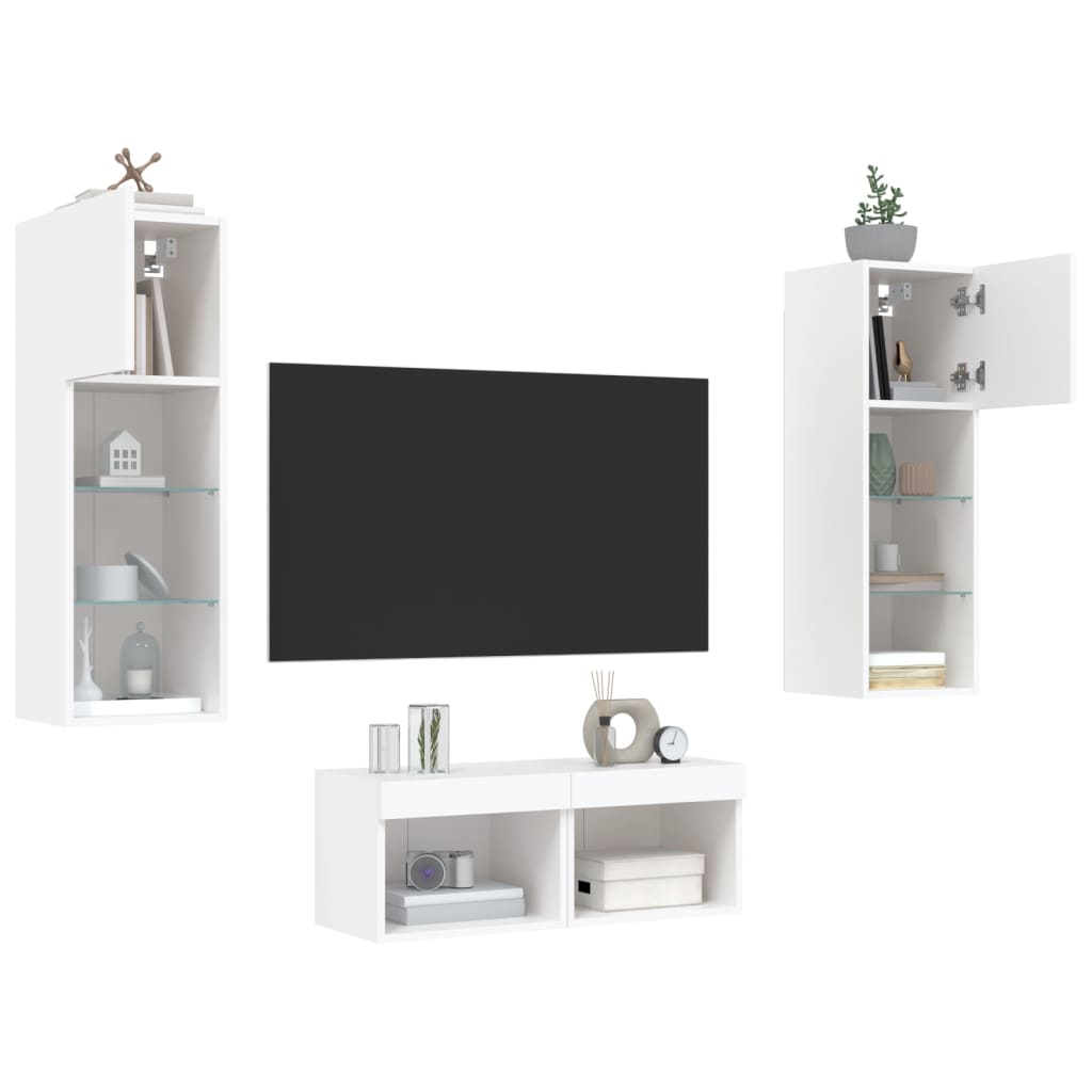 Meuble TV mural 4 pièces avec éclairage LED, blanc