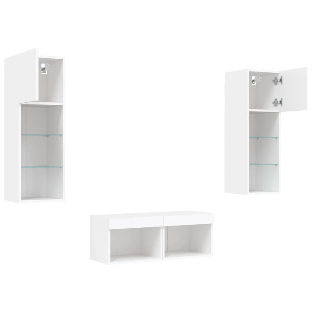 Meuble TV mural 4 pièces avec éclairage LED, blanc