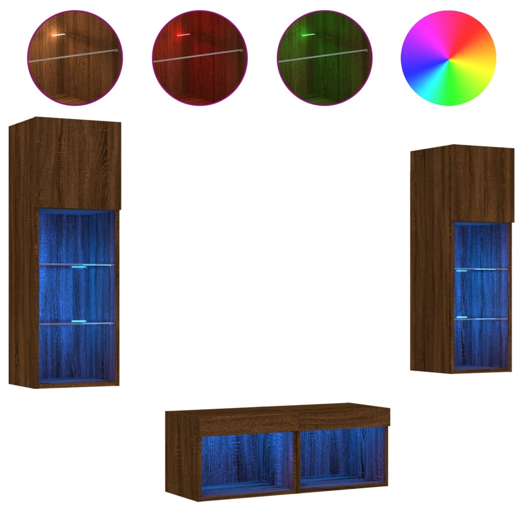Meuble TV mural 4 pièces avec éclairage LED aspect chêne brun
