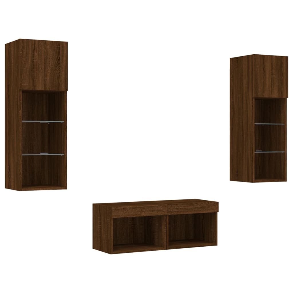 Meuble TV mural 4 pièces avec éclairage LED aspect chêne brun