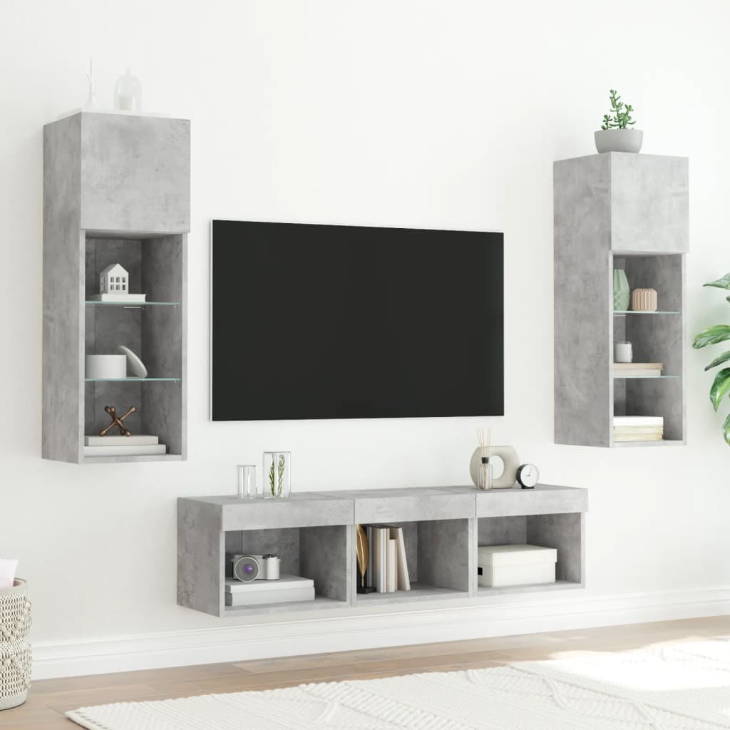 5-tlg. Wohnwand mit LED-Beleuchtung Betongrau Holzwerkstoff