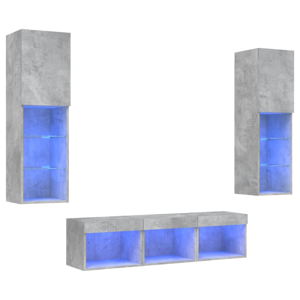 5-tlg. Wohnwand mit LED-Beleuchtung Betongrau Holzwerkstoff
