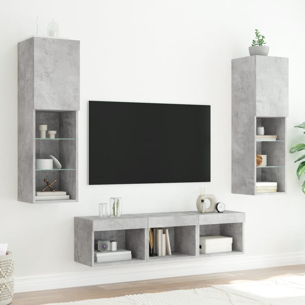 5-tlg. Wohnwand mit LED-Beleuchtung Betongrau Holzwerkstoff