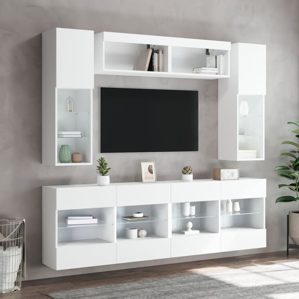 6-tlg. TV-Wohnwand mit LED-Leuchten Weiß