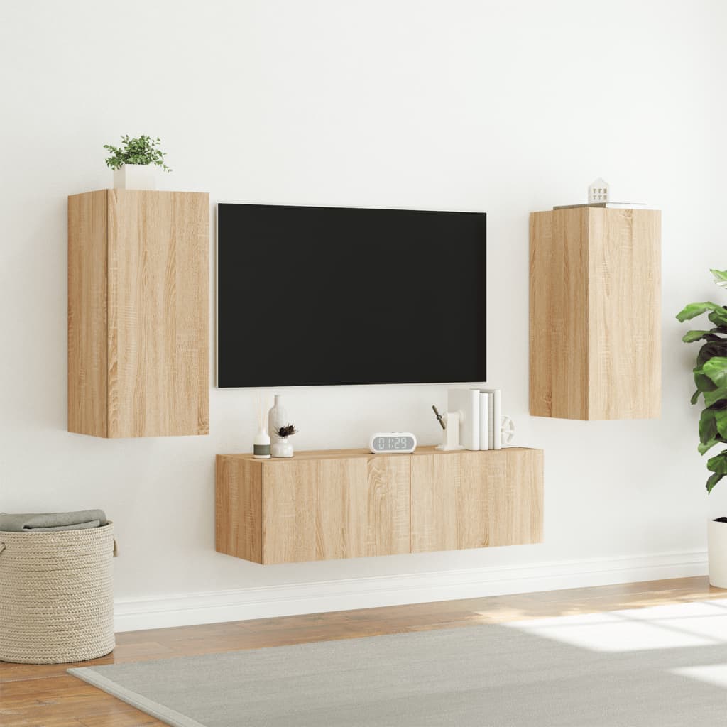 Meuble TV mural 3 pièces avec éclairage LED en chêne Sonoma
