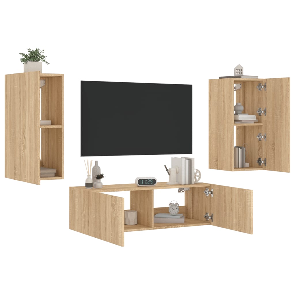 Meuble TV mural 3 pièces avec éclairage LED en chêne Sonoma