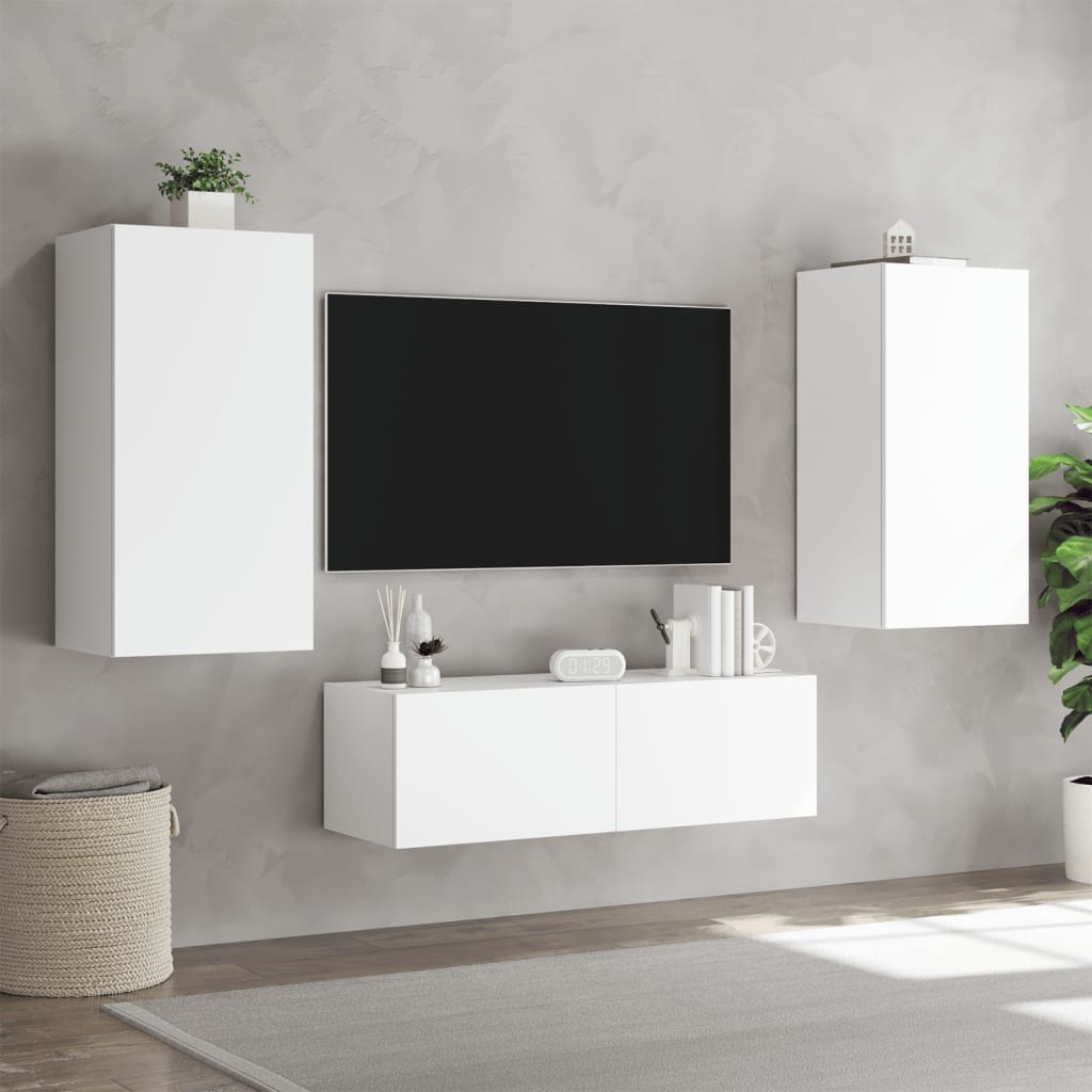 Meuble TV mural 3 pièces avec éclairage LED, blanc