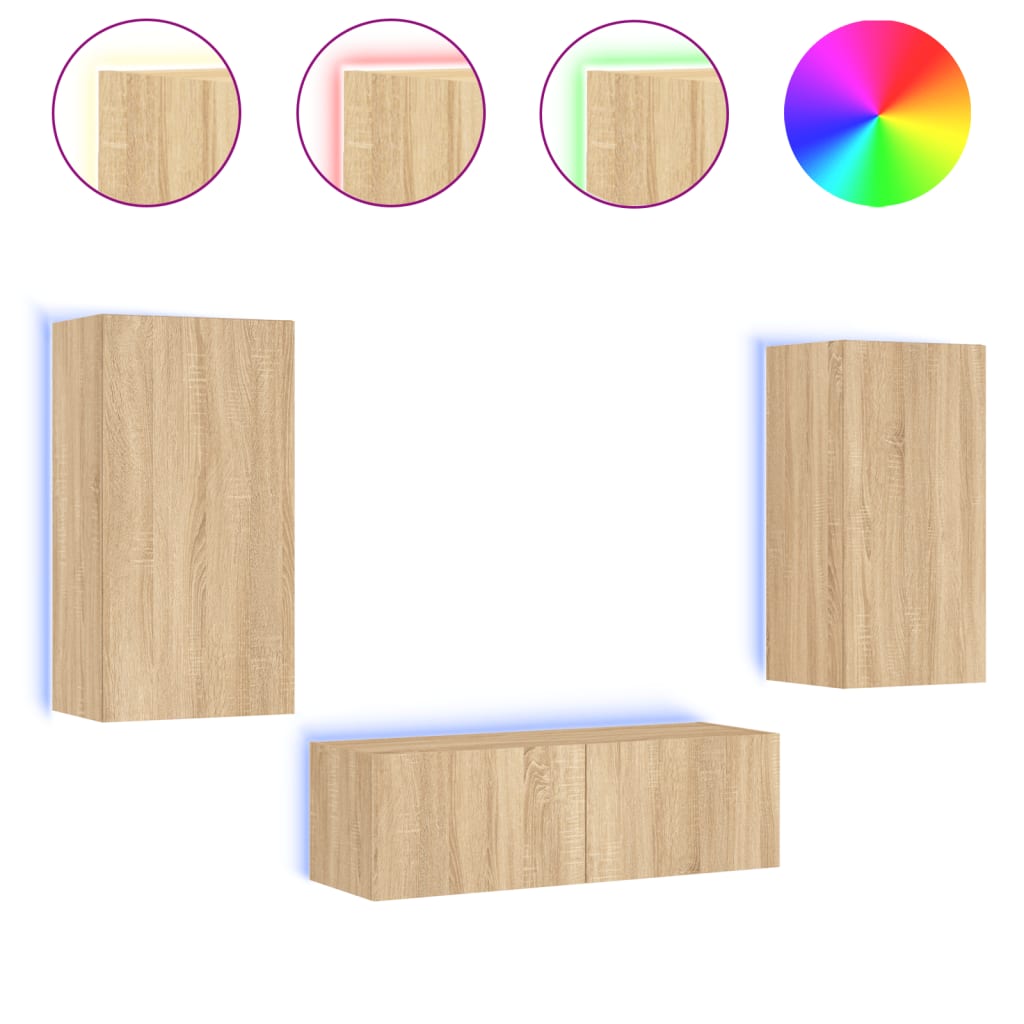 Meuble TV mural 3 pièces avec éclairage LED en chêne Sonoma