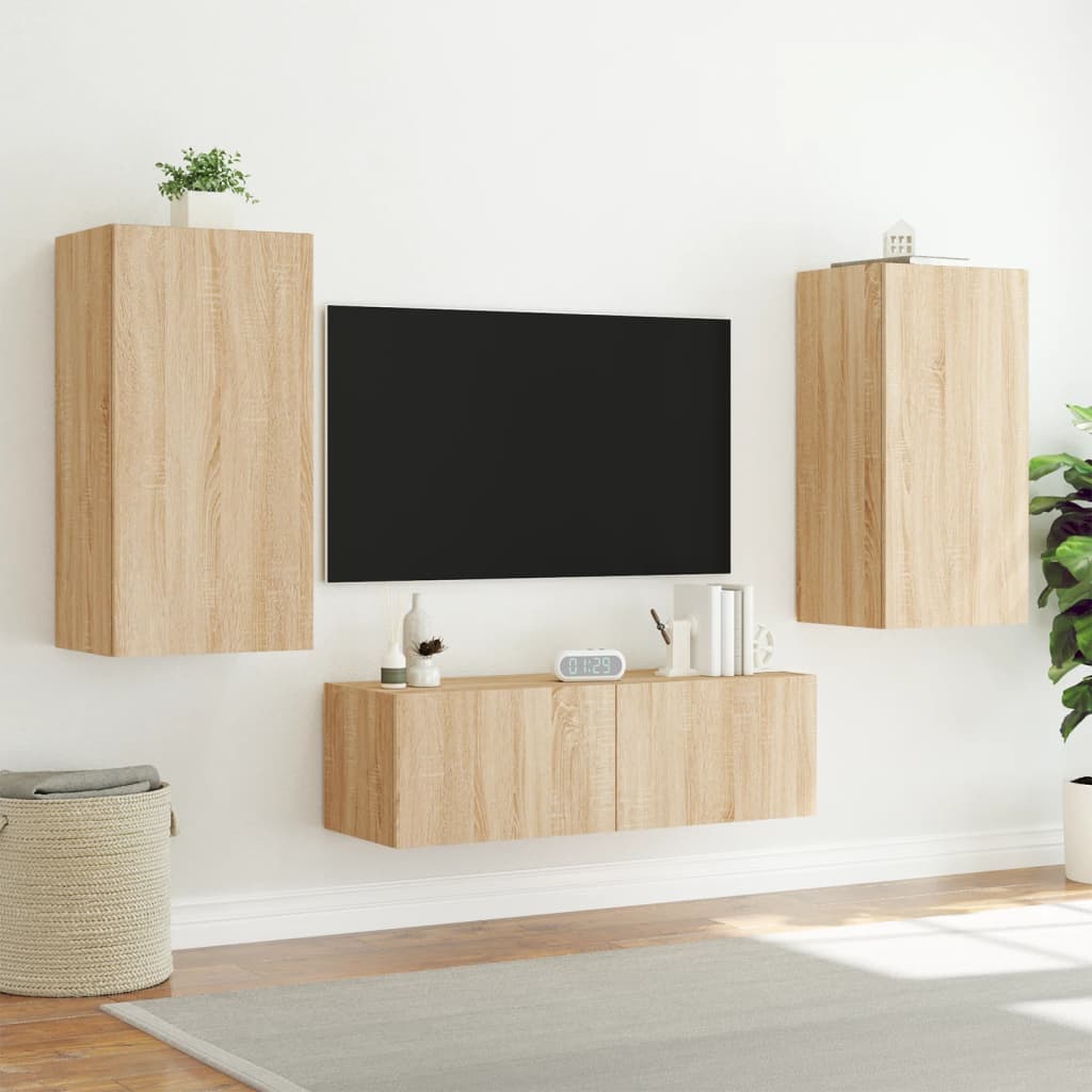Meuble TV mural 3 pièces avec éclairage LED en chêne Sonoma