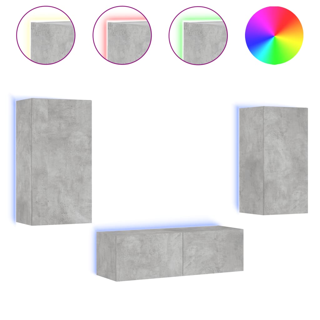 Meuble TV mural 3 pièces avec éclairage LED en gris béton