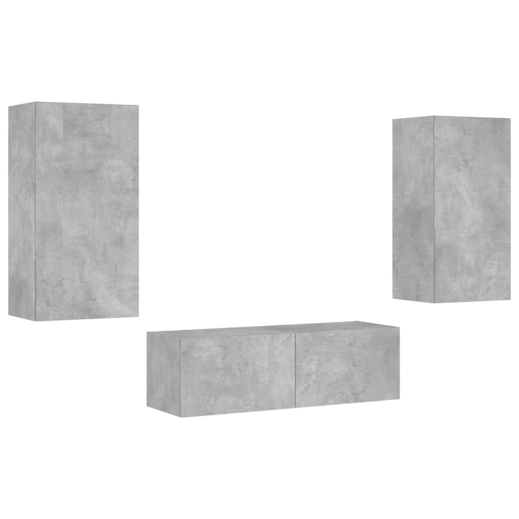Meuble TV mural 3 pièces avec éclairage LED en gris béton