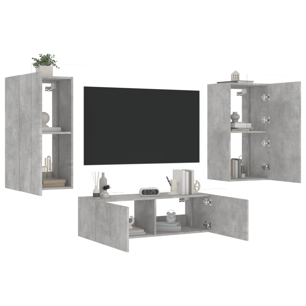 Meuble TV mural 3 pièces avec éclairage LED en gris béton