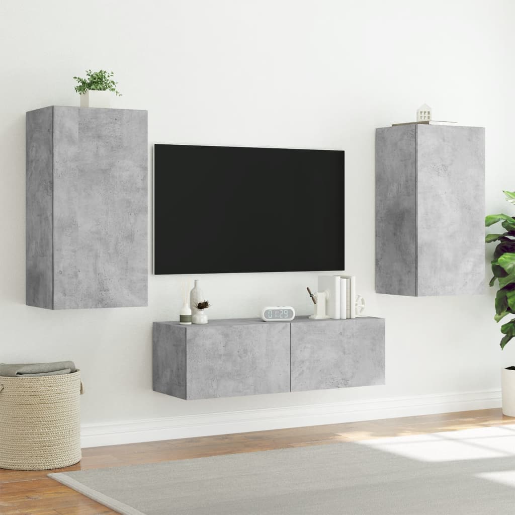 Meuble TV mural 3 pièces avec éclairage LED en gris béton