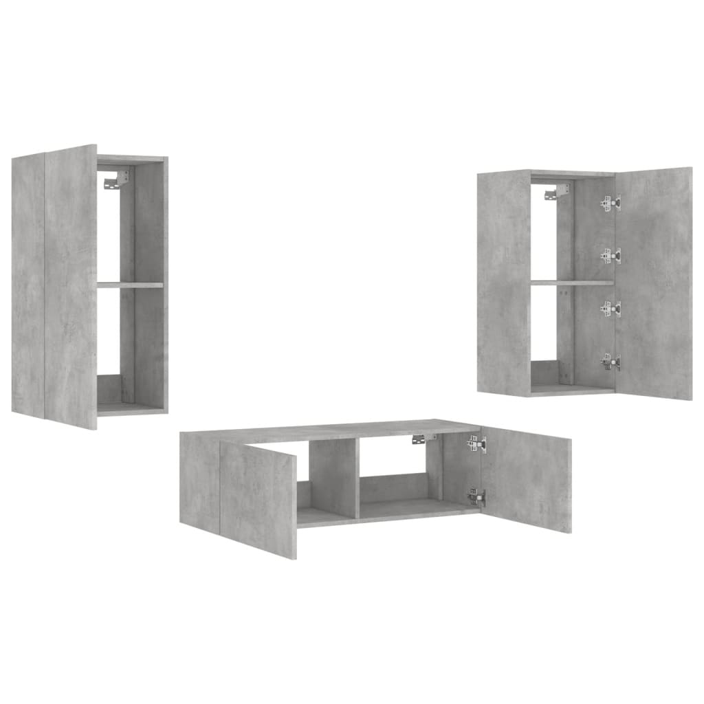 Meuble TV mural 3 pièces avec éclairage LED en gris béton