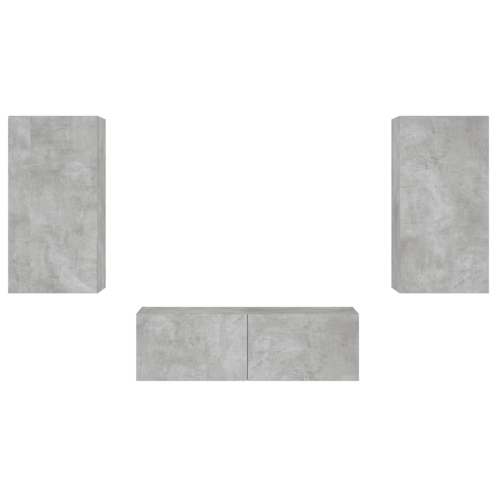 Meuble TV mural 3 pièces avec éclairage LED en gris béton