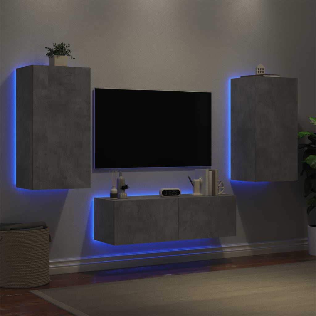 Meuble TV mural 3 pièces avec éclairage LED en gris béton