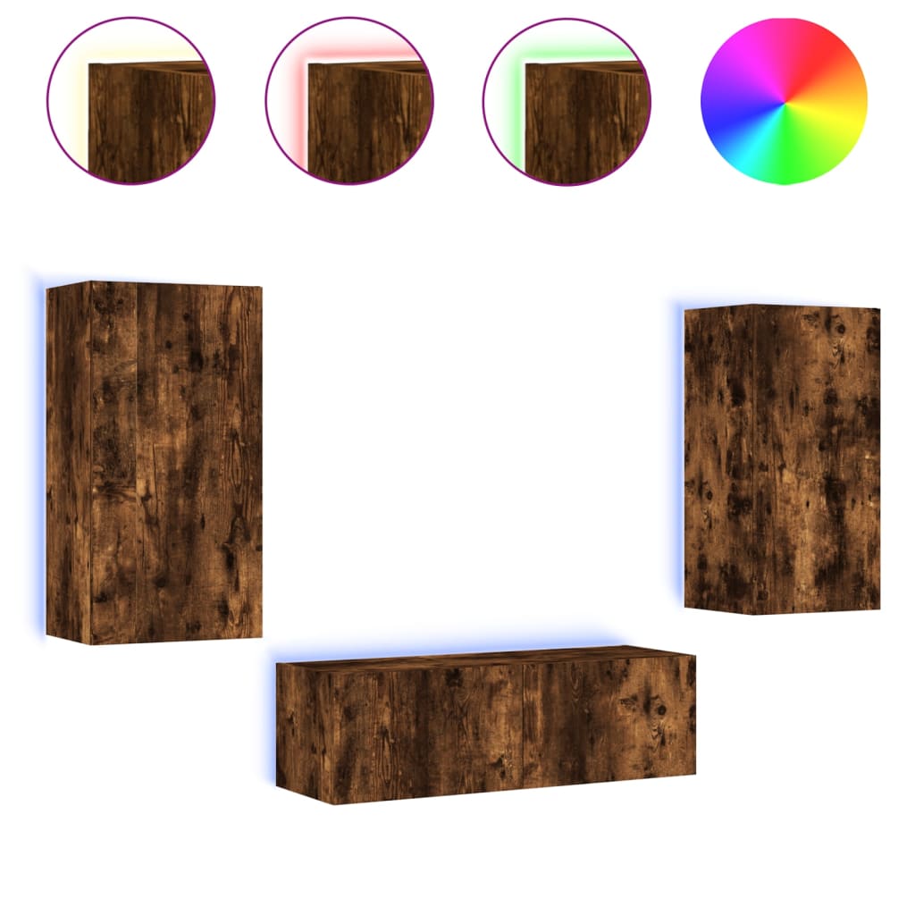 Meuble TV mural 3 pièces avec éclairage LED en chêne fumé