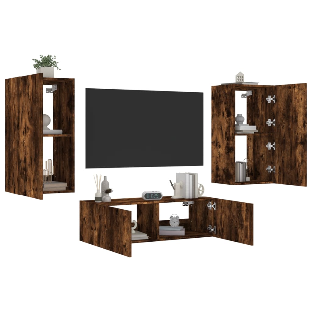 Meuble TV mural 3 pièces avec éclairage LED en chêne fumé