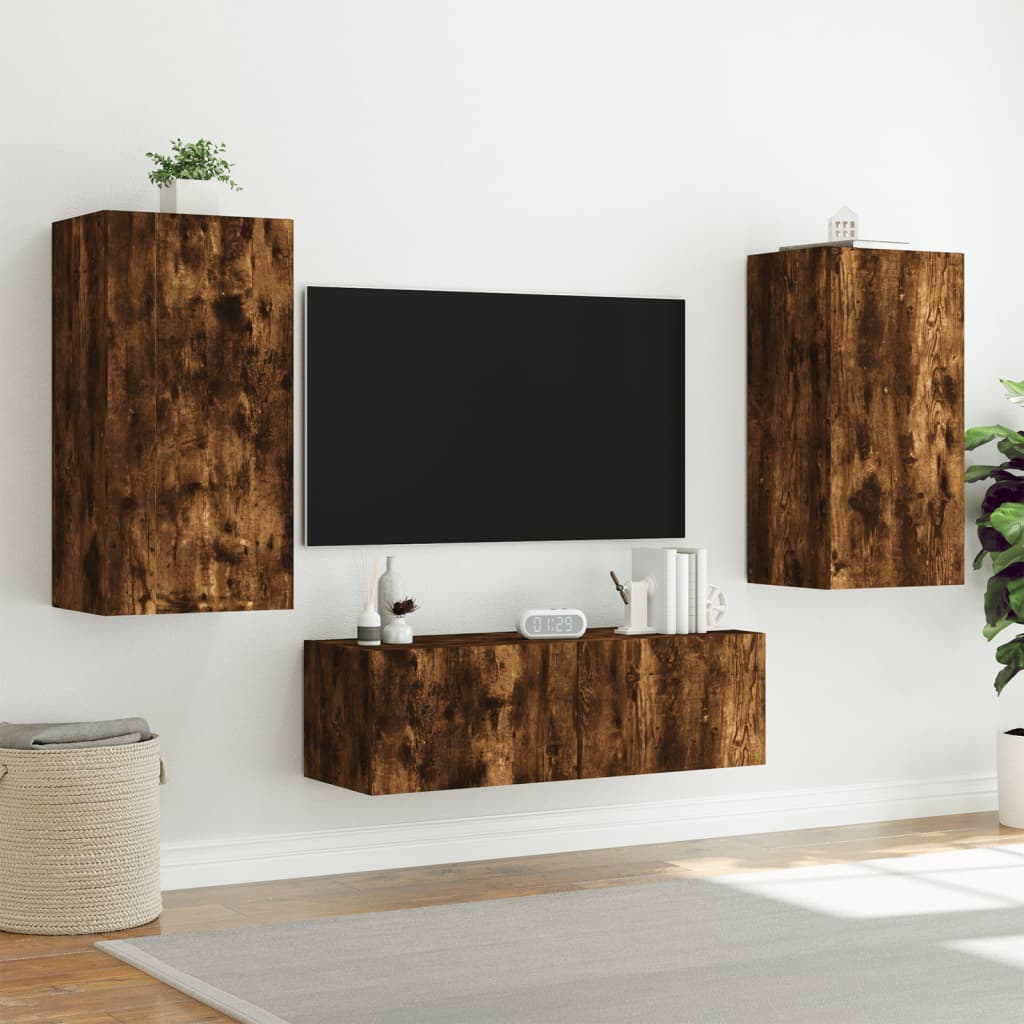 Meuble TV mural 3 pièces avec éclairage LED en chêne fumé