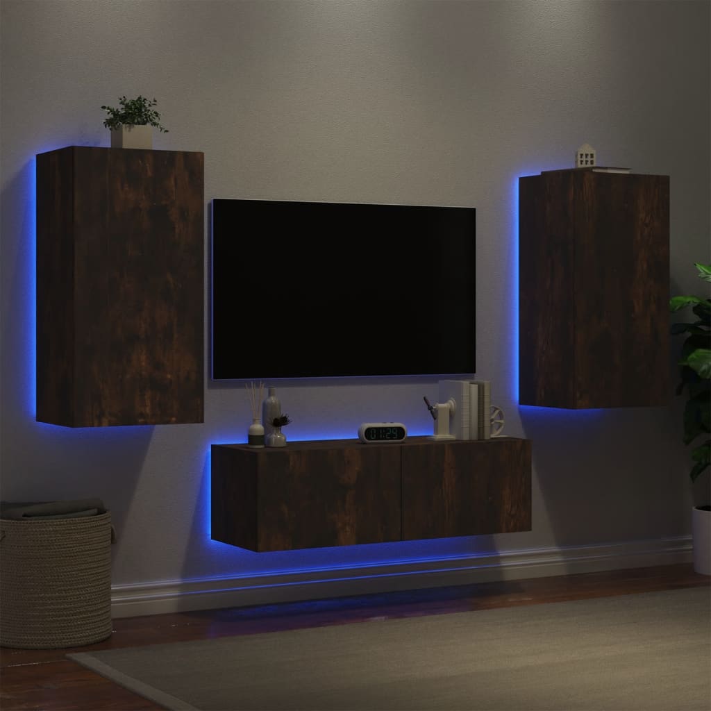 Meuble TV mural 3 pièces avec éclairage LED en chêne fumé