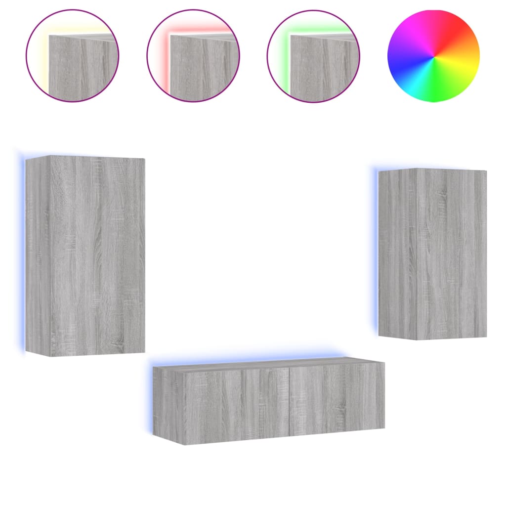 Meuble TV mural 3 pièces avec éclairage LED en gris Sonoma
