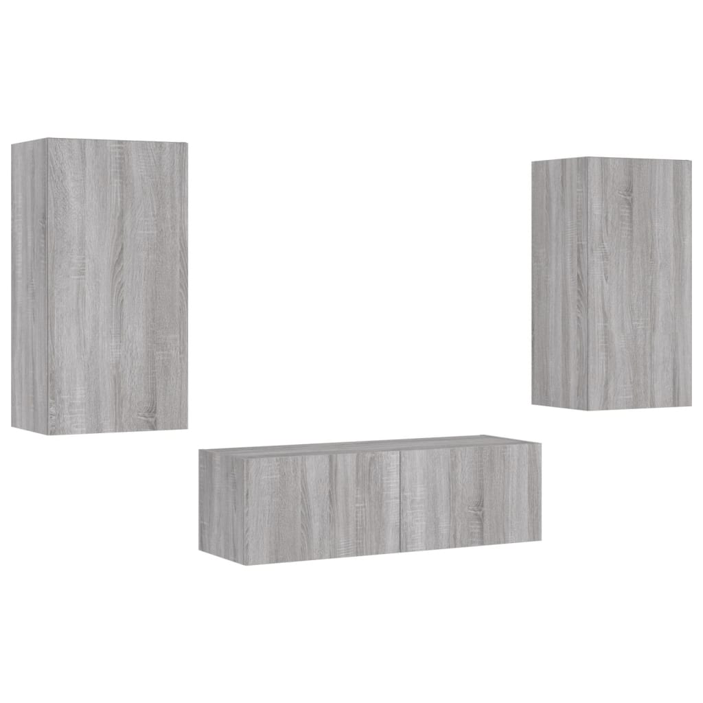 Meuble TV mural 3 pièces avec éclairage LED en gris Sonoma
