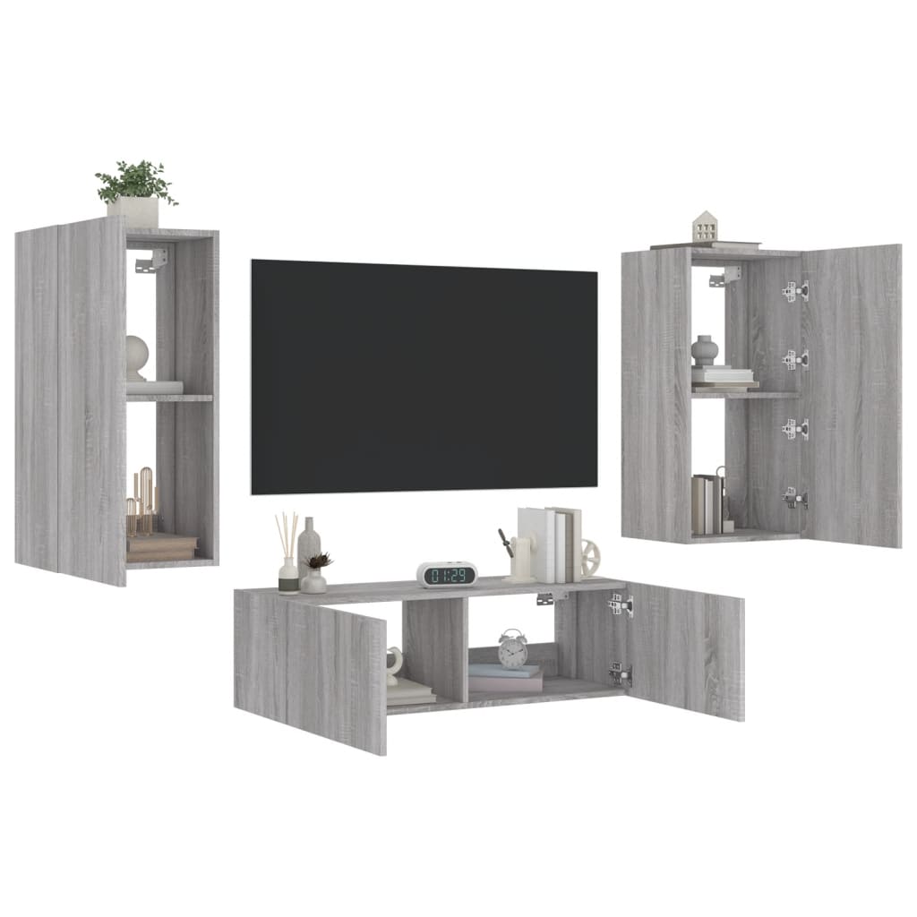 Meuble TV mural 3 pièces avec éclairage LED en gris Sonoma