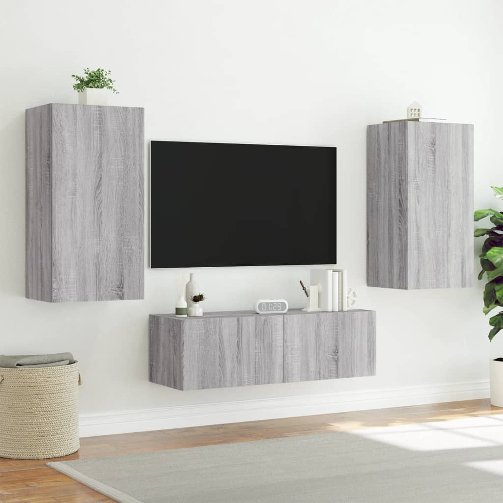 Meuble TV mural 3 pièces avec éclairage LED en gris Sonoma