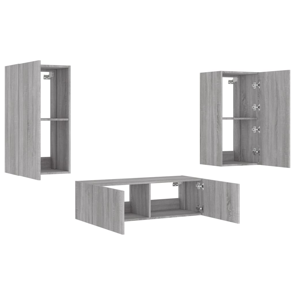 Meuble TV mural 3 pièces avec éclairage LED en gris Sonoma