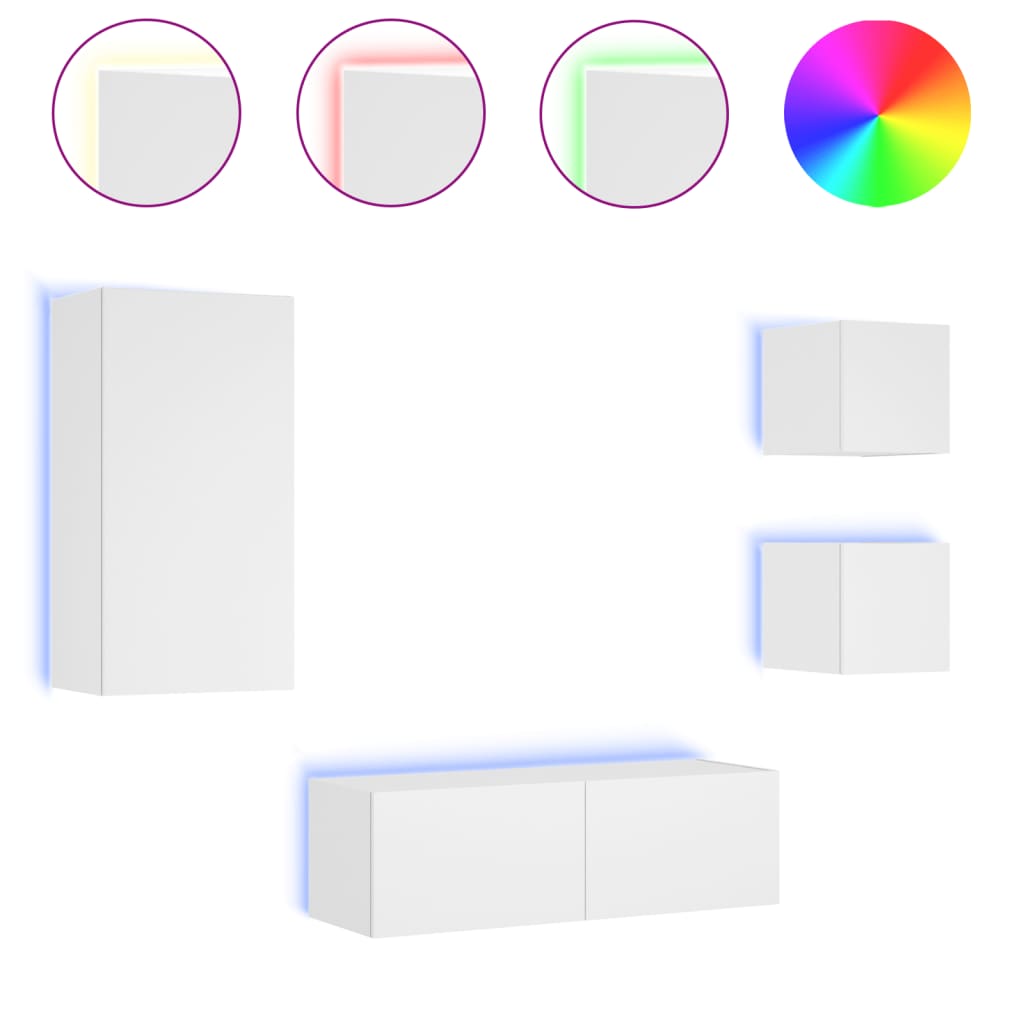 Meuble TV mural 4 pièces avec éclairage LED, blanc