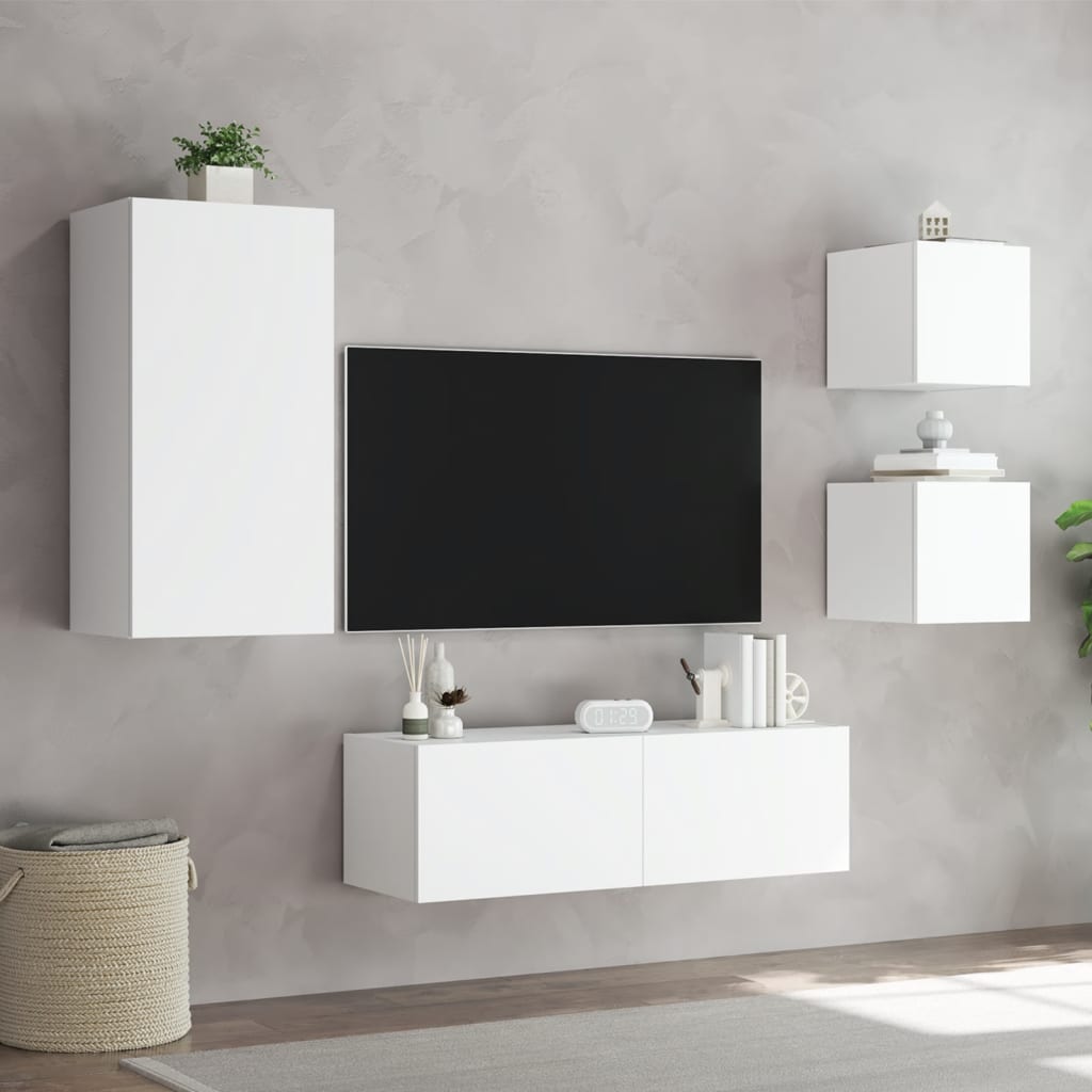 Meuble TV mural 4 pièces avec éclairage LED, blanc