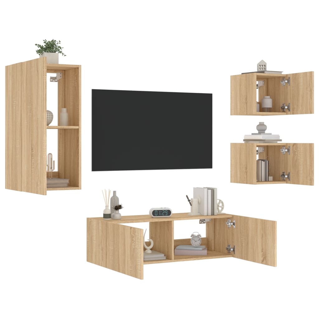 Meuble TV mural 4 pièces avec éclairage LED en chêne Sonoma